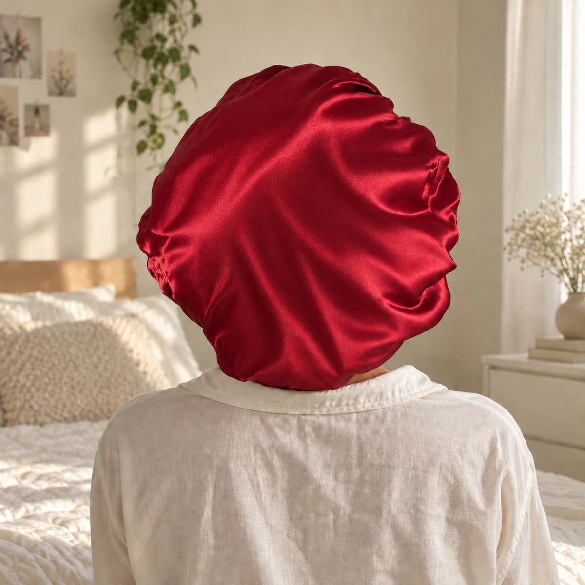 Bonnet de nuit en satin à nouer – Bordeaux