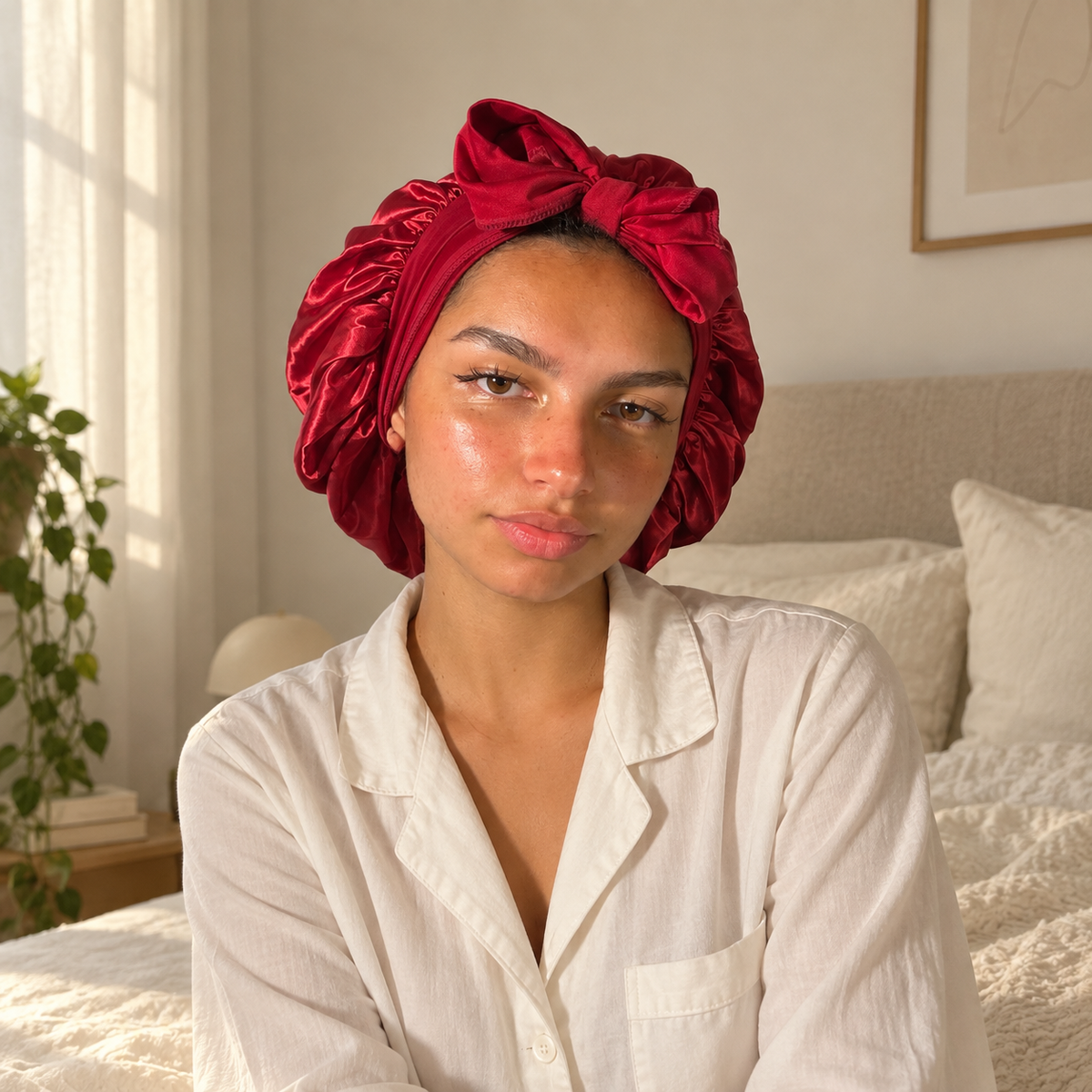 Femme portant un bonnet en satin bordeaux Curlizea avec nœud ajustable.
