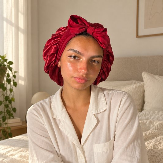 Femme portant un bonnet en satin bordeaux Curlizea avec nœud ajustable.