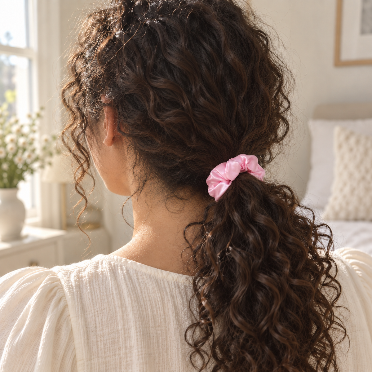 Chouchou en satin rose Curlizea porté sur cheveux bouclés en queue-de-cheval