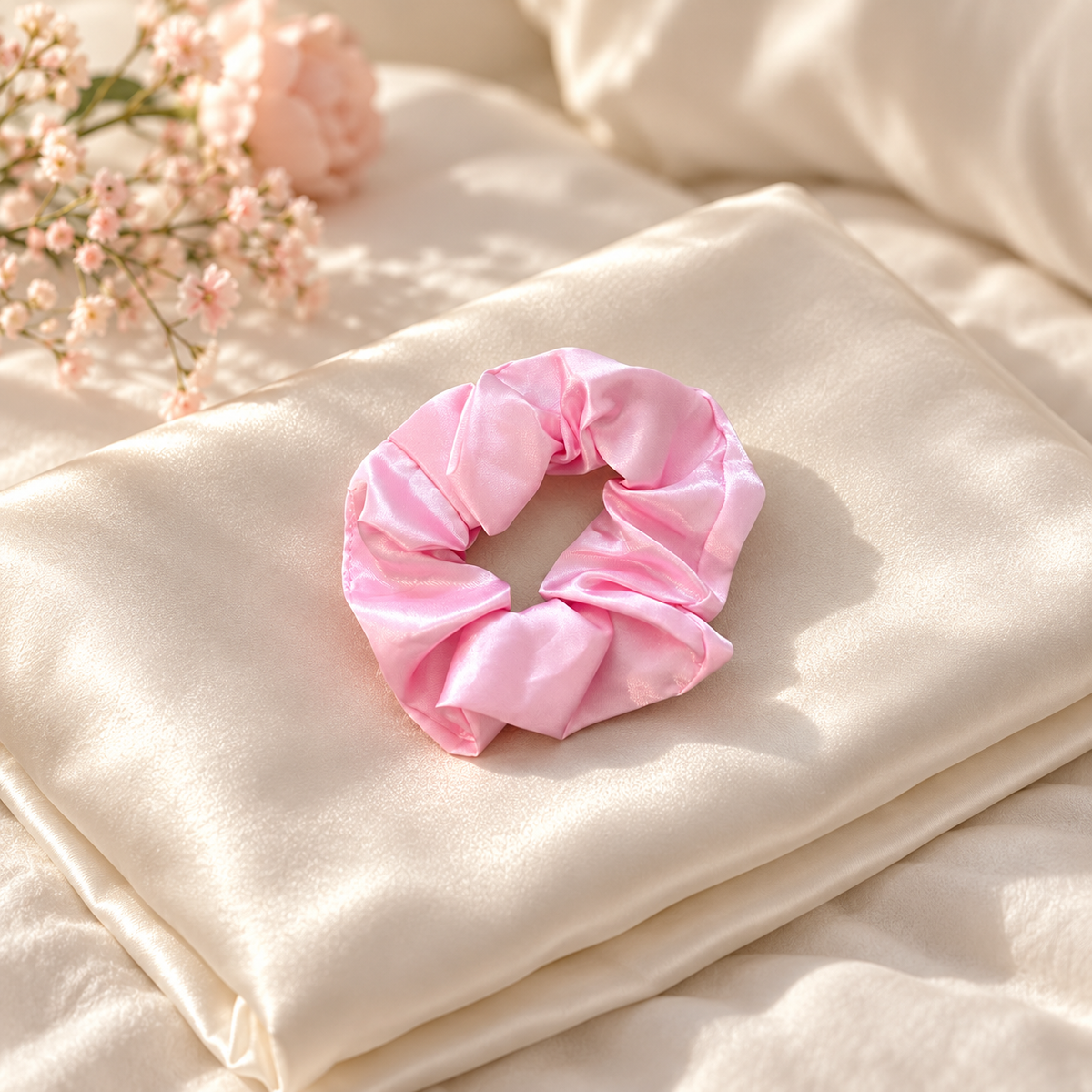 Chouchou en satin rose poudré Curlizea présenté sur tissu satiné