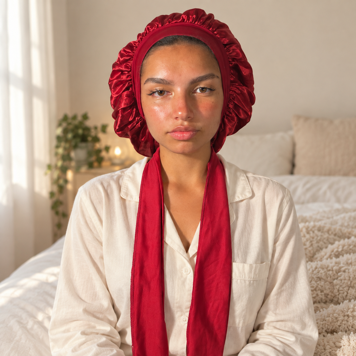 Bonnet de nuit en satin à nouer – Bordeaux
