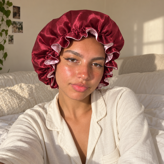 Femme portant le bonnet en satin réversible Curlizea côté bordeaux