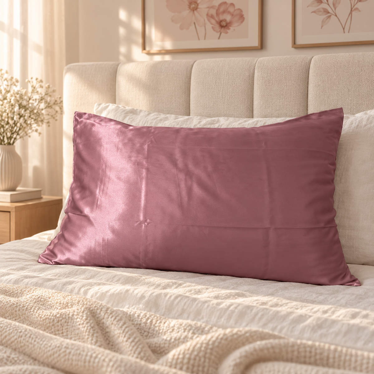 Taie d’oreiller en satin rose poudré Curlizea sur un lit